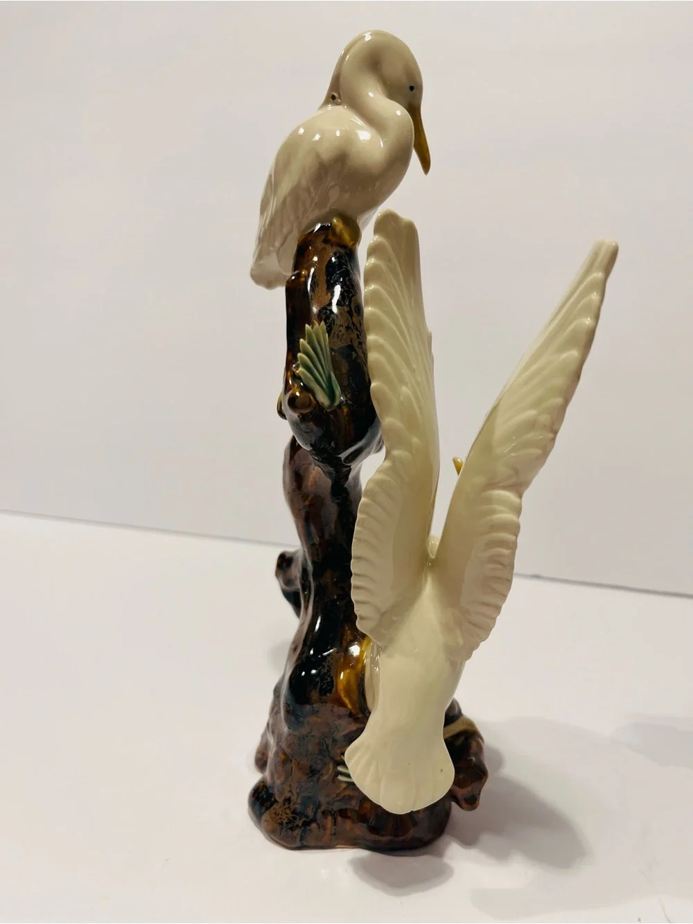 Antique Chinese Glazed Porcelain Figurine With 2 Cranes on Tree 9.25”